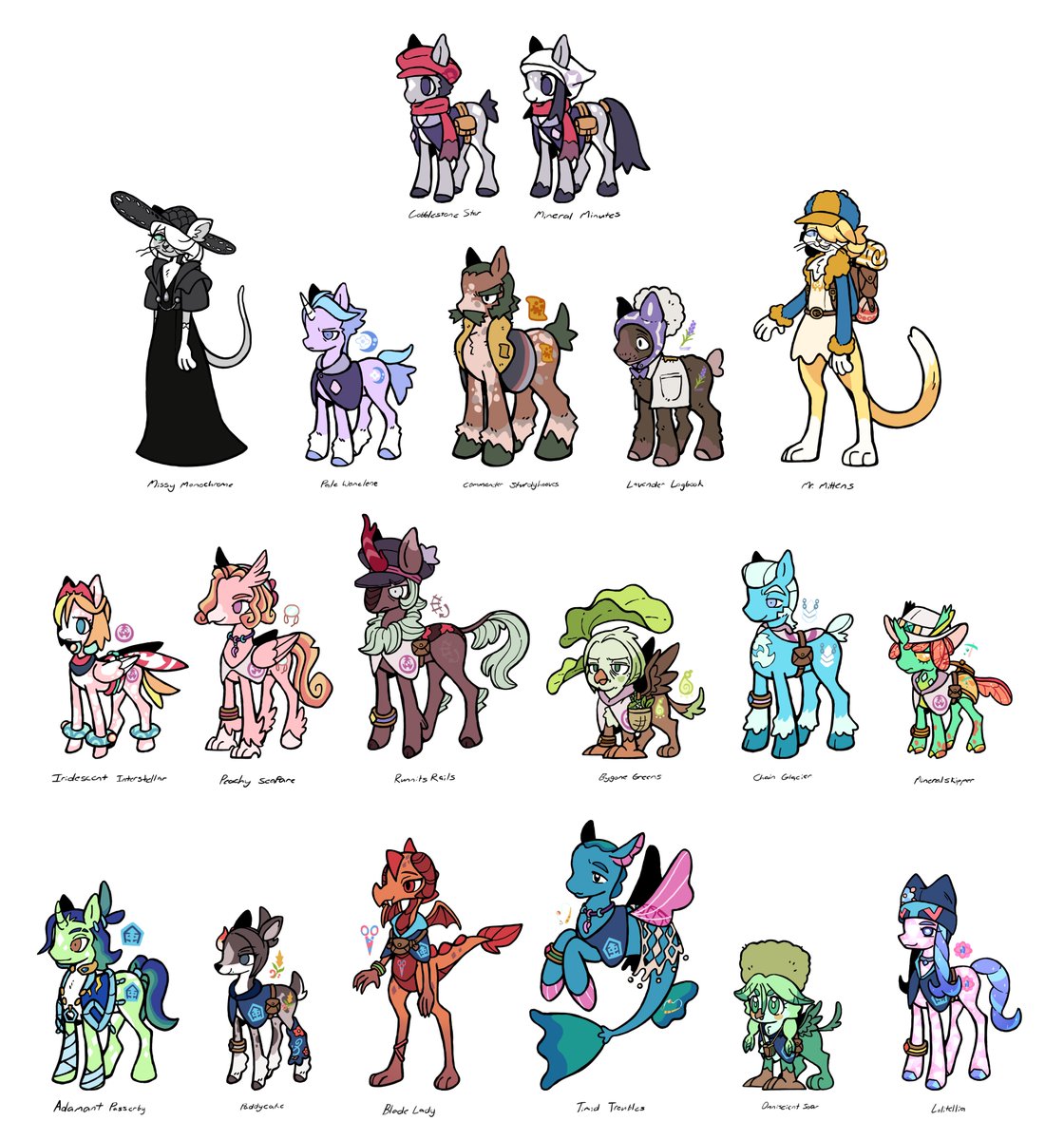 (Closeups in replies) The PLA MLP au designs are finally all finished! There is definitely room for change if needed both with designs and names, but overall I'm very happy with how everybody (or I guess everypony) turned out! 
#PLA #PokemonLegendsArceus #mlpfim