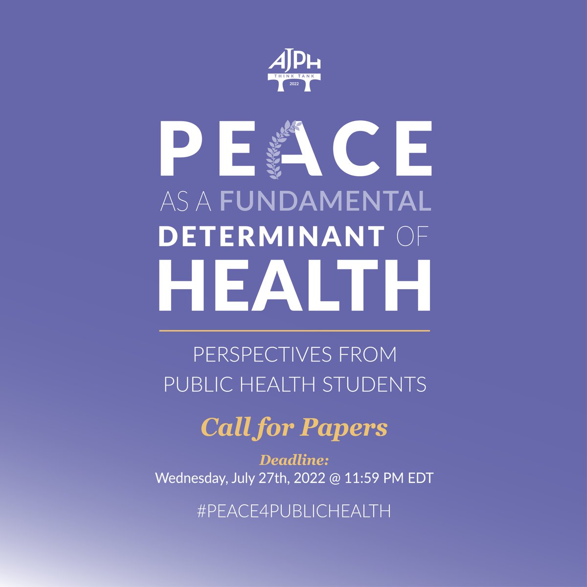 We are thrilled to announce an <a href="/AMJPublicHealth/">AJPH</a> Editor's Choice issue coming soon:

🕊 Peace as a Fundamental Determinant of Health

🔸Call-for-Papers: bit.ly/Peace4PublicHe…

Join the conversations at #Peace4PublicHealth!

<a href="/PublicHealth/">APHA</a> #SDOH