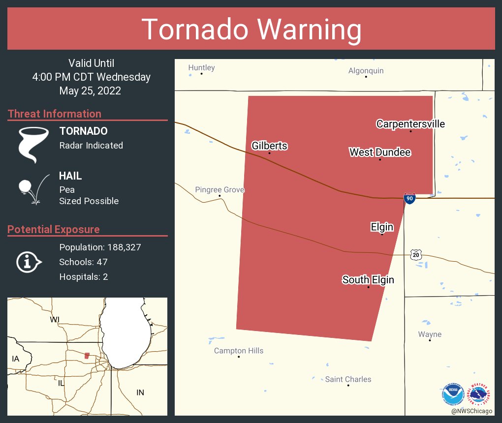 NWStornado's tweet photo. Tornado Warning continues for Elgin IL, Carpentersville IL and  South Elgin IL until 4:00 PM CDT https://t.co/tfM4YwbOXI