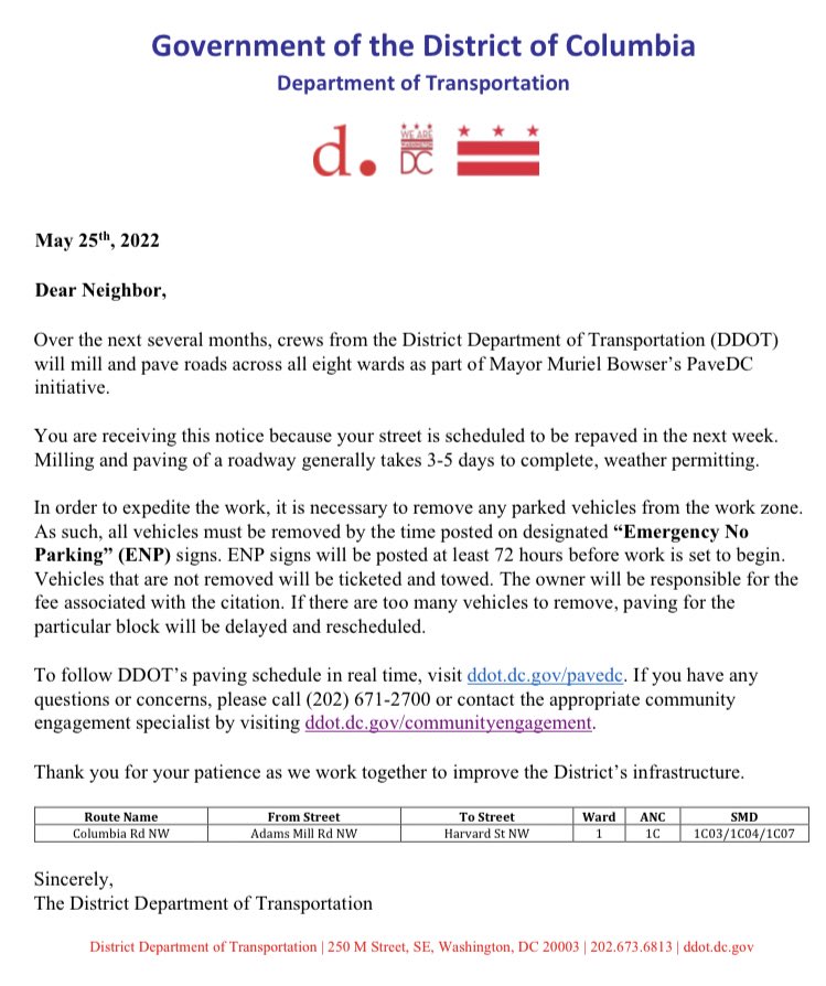 In a small bit of good news, a large part of the Columbia Rd NW commercial corridor is scheduled to be repaved next week

Stay alert for forthcoming signs to remove your vehicles before paving begins