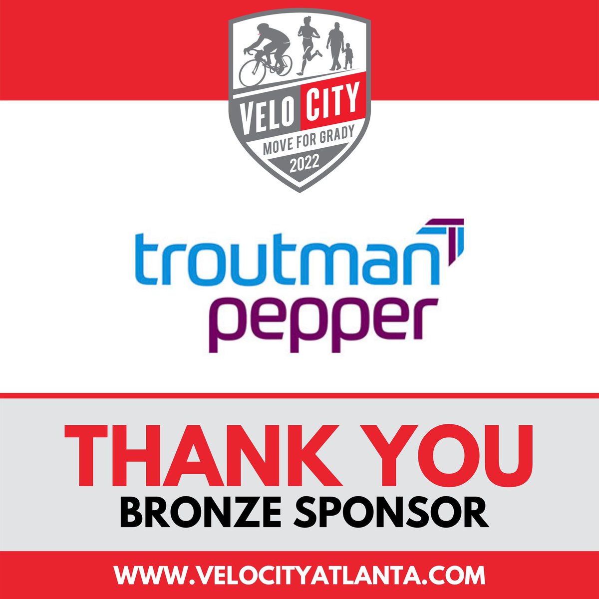 MoveForGrady's tweet image. We’re so grateful for @troutmanpepper joining us as a sponsor of VeloCity for yet another year. Their continued support is critical to ensuring we are able to deliver the best care possible to all of our community. THANK YOU for all that you do for Grady. #MoveForGrady