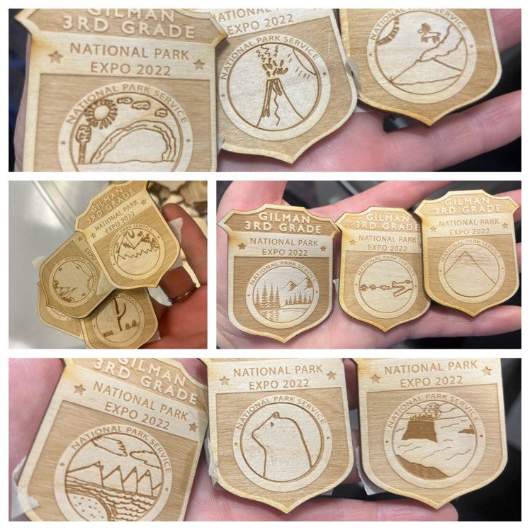 MsLynnNichols's tweet photo. We had so much fun laser-cutting these badges for @Gilman3A , 3B, and 3C and a great visit to the MS iLab to see the Epilogue Laser Cutter! #GilmanSTEM @GilmanSchool https://t.co/cqvx2GLaok