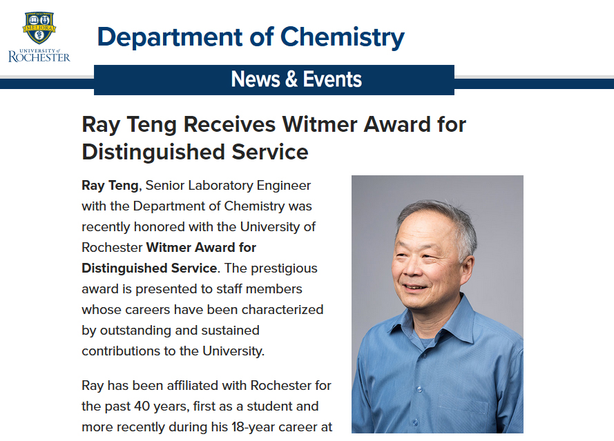 University of Rochester Chemistry Department (@urochesterchem) on Twitter photo Congratulations to Ray Teng on receiving the Witmer Award for Distinguished Service - a prestigious award for staff members whose careers have been characterized by outstanding and sustained contributions to the <a href="/UofR/">University of Rochester</a>.
sas.rochester.edu/chm/news-event… Congratulations to Ray Teng on receiving the Witmer Award for Distinguished Service - a prestigious award for staff members whose careers have been characterized by outstanding and sustained contributions to the <a href="/UofR/">University of Rochester</a>.
sas.rochester.edu/chm/news-event…
