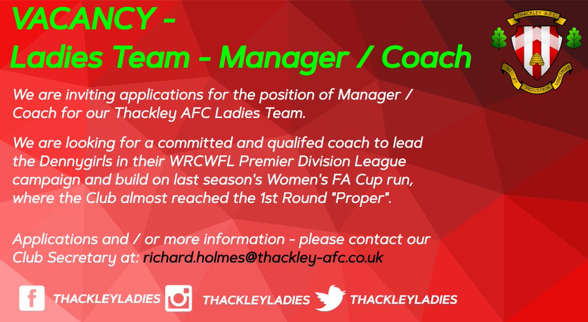 ThackleyWomen's tweet photo. VACANCY 🚨 | applications are now being sought for our vacant manager / head coach position.

Applicants are able to forward any CV / application to the Club Secretary for consideration. 

An excellent opportunity for the right candidate 

📧 | Richard.Holmes@thackley-afc.co.uk https://t.co/XvmBcVJkCW