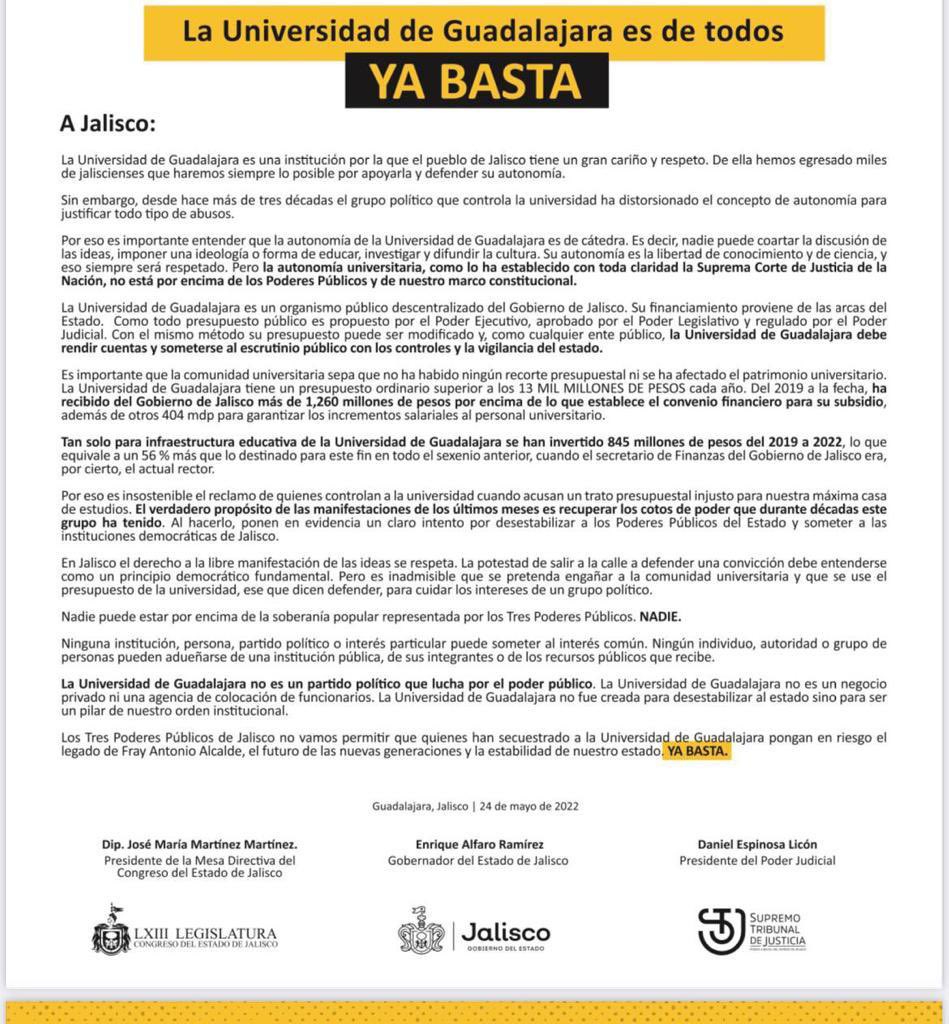 Zoermr_'s tweet photo. El día de ayer se lanzó un desplegado firmado por representantes de los tres poderes en el Estado de Jalisco, donde se personaliza la campaña de desprestigio, por ser la vía cómoda de personificar un antagonista al cual culpar de sus propios errores. 
Va 🧵 contextualizando: https://t.co/5kF58K4baG