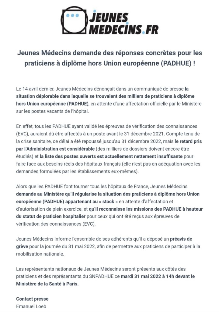 SNPADHUE1's tweet photo. Soutien des @JeunesmedecinsF à la cause des #PADHUE et à la manifestation du 31 Mai 2022 au ministère de la santé avec un préavis de grève déposé ce jour https://t.co/SZx3es4bFa
