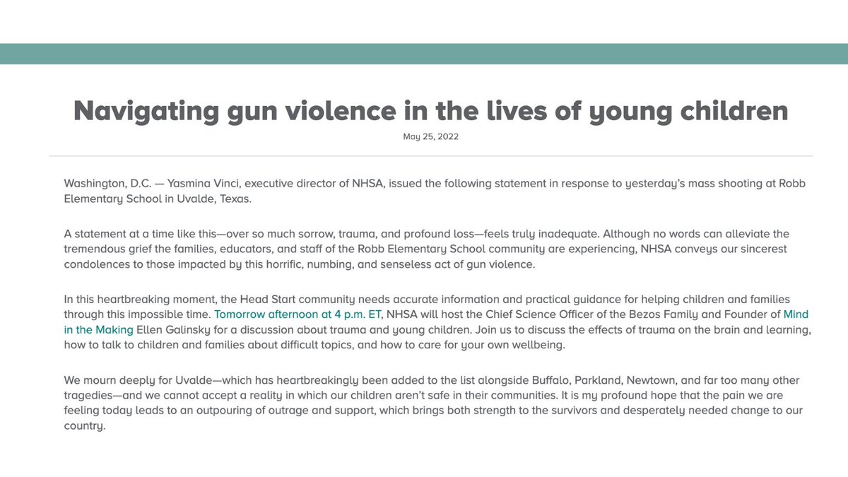 A statement at a time like this—over so much sorrow, trauma, and profound loss—feels truly inadequate. 

While no words can alleviate the tremendous grief, NHSA conveys our sincerest condolences to those impacted by this senseless act of gun violence.

nhsa.org/press_release/…
