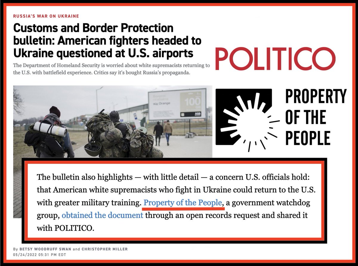 Homeland Security is concerned US neo-Nazis will return from Ukraine w/ battlefield experience, according to a new DHS/CBP intelligence document we obtained and shared w/ @woodruffbets/@ChristopherJM/@politico. #FOIA politico.com/news/2022/05/2…