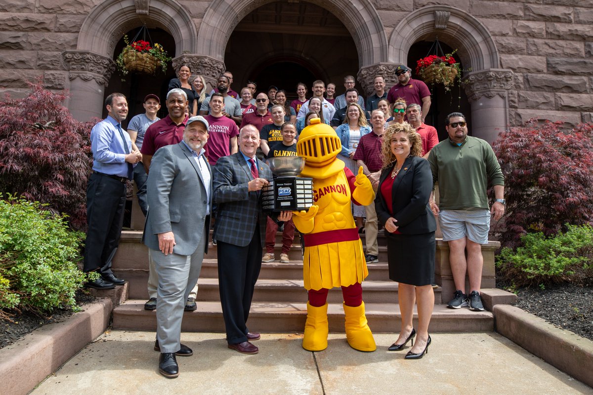 GannonU's tweet photo. BIG win for your @GUKnights as the university brings home the 2021-22 @PSACsports Dixon Trophy, awarded annually to the institution that accumulates the top score based on results of conference playoffs and/or regular-season records. https://t.co/kULyVXstk9 https://t.co/8kq5Ak2pdm