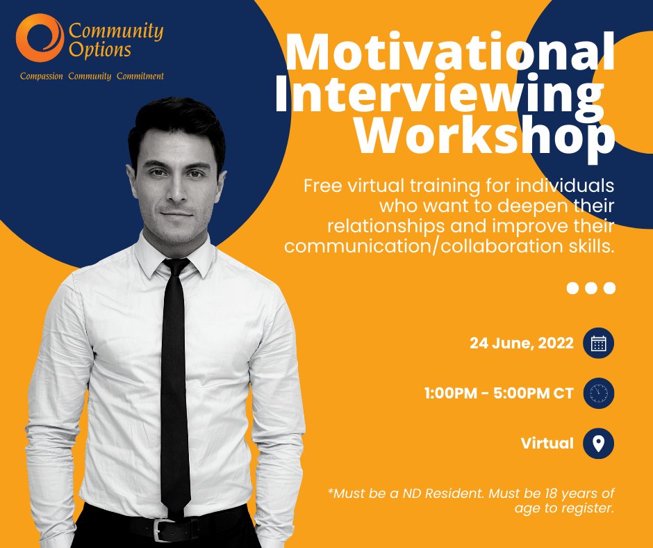 ComOptZachary's tweet photo. Great FREE training event offered by Community Options.
This training will provide attendees with skills and practice in reflections, affirmations, identifying change talk, open-ended questioning, and more. CEUs available!
Link below for details
https://t.co/Ql8iwP71kX
@ComOptND https://t.co/BP6y5sqUaP