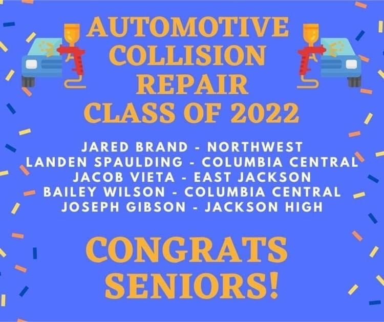 Congratulations! SENIOR SHOUTOUT goes to the five graduates from our Automotive Collision Repair program!  Way to go, Bailey!  Congratulations! #Classof2022