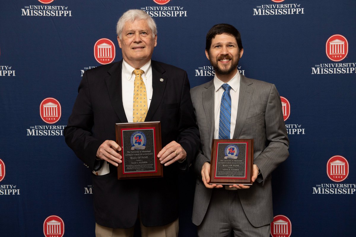 OleMissPSoA's tweet photo. The 2019 PSOA Hall of Fame inductees were Dale F. Flesher and Tonya K. Flesher. Both have played a key role in the many successes the PSOA enjoys today and have had a positive impact on the lives and careers of thousands of UM accy students. 
Read more: https://t.co/ZefuNpbZ5u https://t.co/X6WqeROVBJ