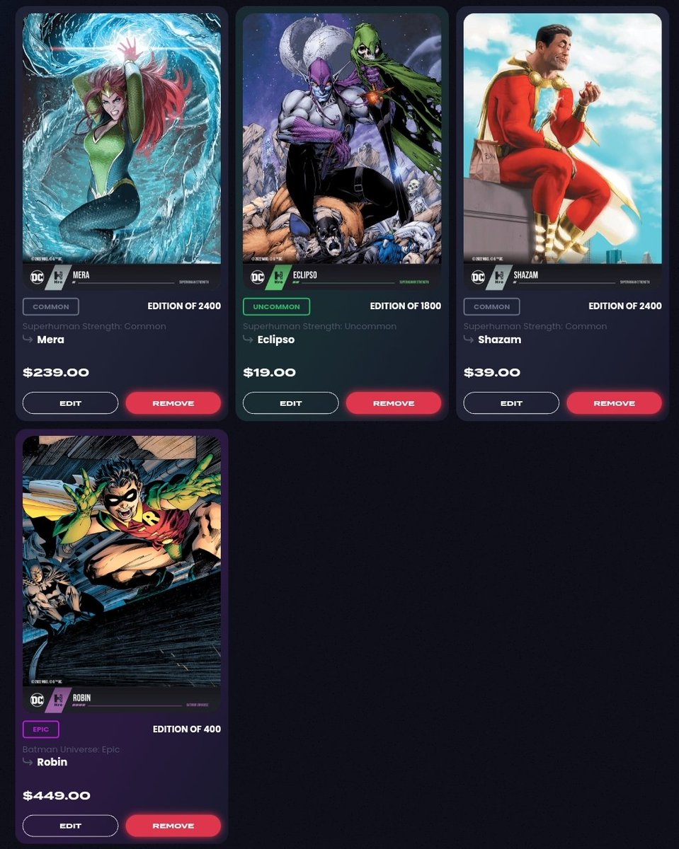 Waka_mole's tweet photo. Discounted prices at @hro secondary market place!
#Mera #Eclipso #Shazam #Robin #dccomics #DCComicsForever #PremiumMints #DigitalDrops #NFTs https://t.co/ydHiBFzatb