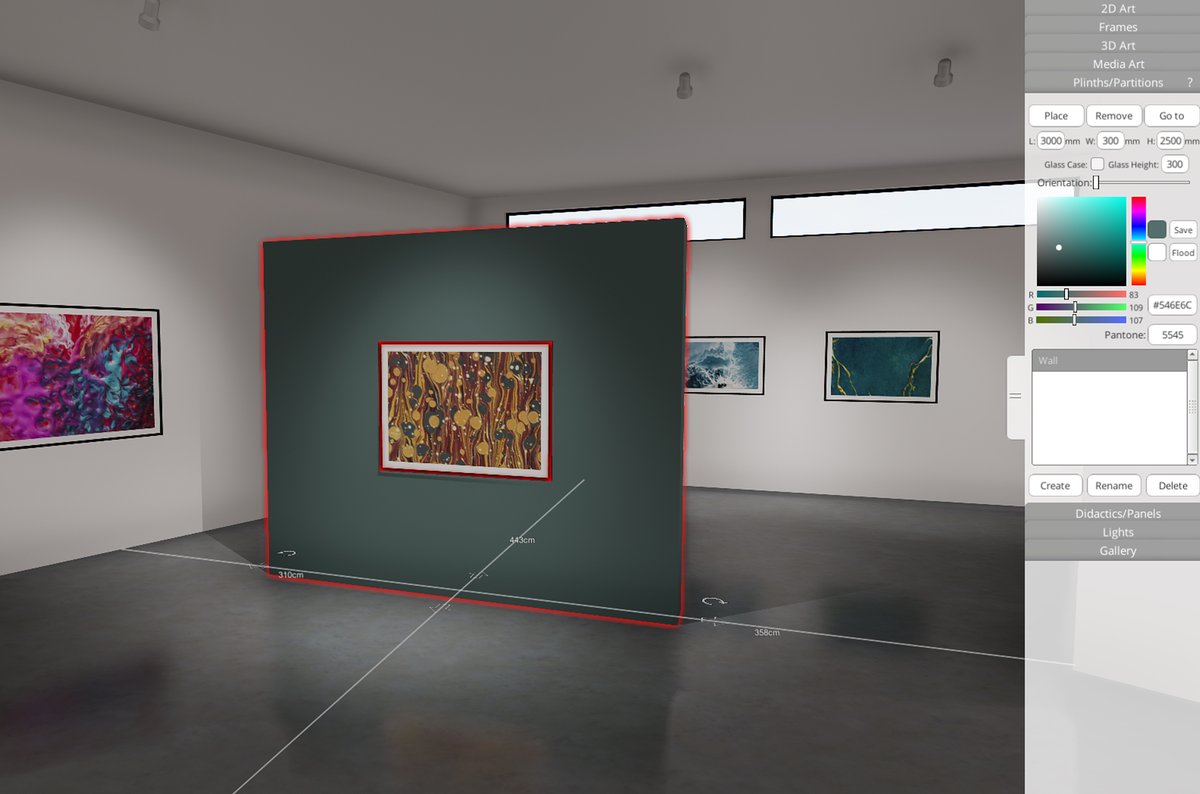 Plinths in Curator can be used to create many things, including temporary walls. 

Set the plinth dimensions to that of your wall, paint the wall to your desired colour, and place and frame your artworks. 

#curator #exhibitionplanning #designexhibition #curating  #exhibition