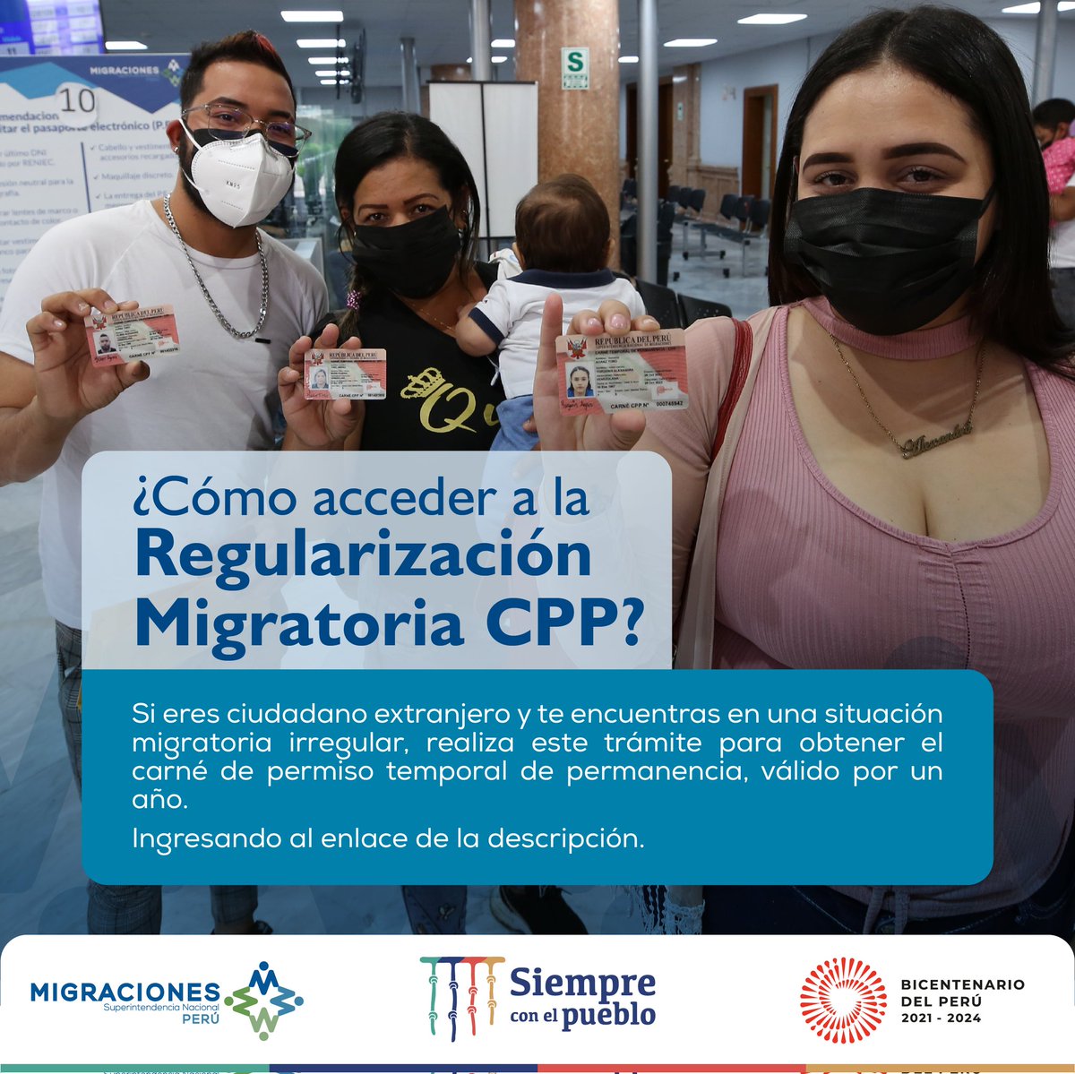 MigracionesPe's tweet photo. #MigracionesPerú | #Atención, si te encuentras en situación migratoria irregular, accede al Carné de Permiso Temporal de Permanencia (CPP).
➡️ Verifica si cumples los requisitos en: https://t.co/VGa6odFPkt
➡️ Inicia tu trámite aquí: https://t.co/qFeZJHd02A https://t.co/vK9IeGPiI1
