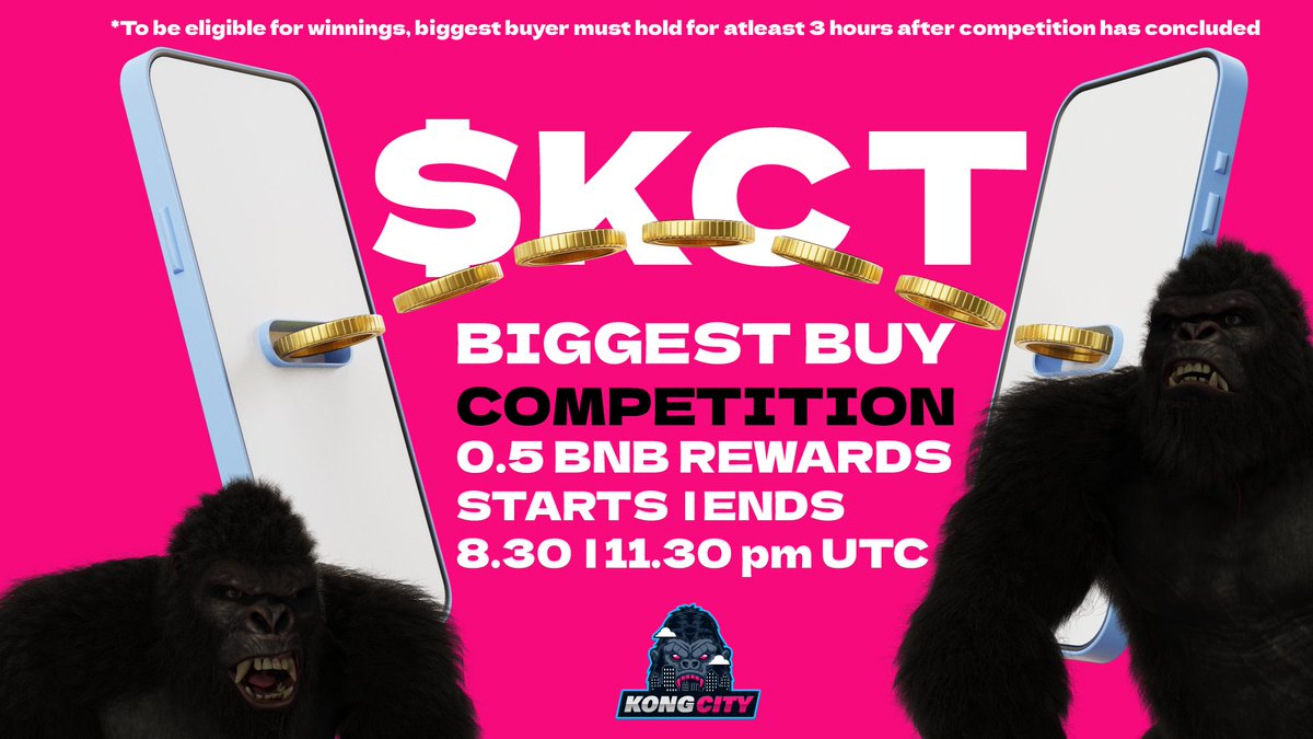 KongCityio's tweet photo. $KCT #BIGGEST #BUYCOMPETITION
π₯ Let's have some fun #Kongs !
0.5 $BNB REWARDS π±
Buy #Kongcity https://t.co/Yy9ERoFppG
To be eligible for #winnings, #biggest buyer must hold for at least 3 hours after competition π£β€οΈβπ₯
Starts 08.30 pm Ends 11.03 pm UTC
#BSC #BSCGemAlert https://t.co/tIxRzaOqHy