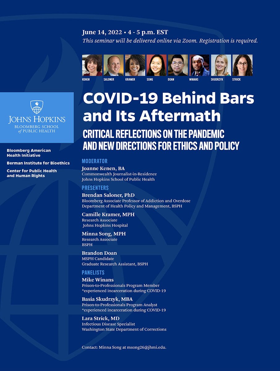 Brendan Saloner (@brendansaloner) on Twitter photo My team has some really fascinating research on COVID in jails/prisons to share. Please join us June 14 for a webinar moderated by <a href="/JoanneKenen/">Joanne Kenen</a>!
Registration:
jh.zoom.us/webinar/regist…
Partners: <a href="/AmericanHealth/">JHU American Health</a> @BermanInstitute <a href="/prison2pro/">From Prison Cells to PhD</a> <a href="/CPHHR/">Johns Hopkins Center for Health & Human Rights</a>
Funder: <a href="/GreenwallFdn/">The Greenwall Foundation</a> My team has some really fascinating research on COVID in jails/prisons to share. Please join us June 14 for a webinar moderated by <a href="/JoanneKenen/">Joanne Kenen</a>!
Registration:
jh.zoom.us/webinar/regist…
Partners: <a href="/AmericanHealth/">JHU American Health</a> @BermanInstitute <a href="/prison2pro/">From Prison Cells to PhD</a> <a href="/CPHHR/">Johns Hopkins Center for Health & Human Rights</a>
Funder: <a href="/GreenwallFdn/">The Greenwall Foundation</a>