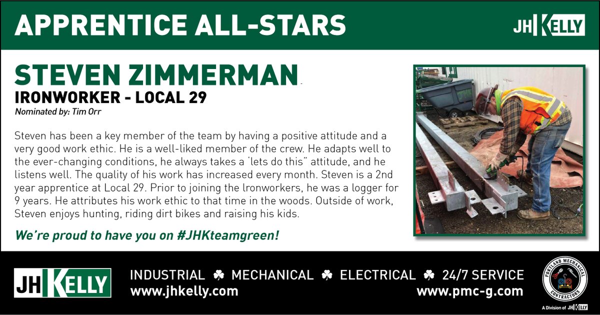 JHKelly1923's tweet photo. Join us in celebrating Apprentice All-Star, Steven Zimmerman, Ironworker - Local 29! Steven is a key member of the team - He always has a positive attitude and a very good work ethic. We're proud to have you on #JHKteamgreen! 🍀 #ApprenticeAllStar #Ironworker #Local29 #JHKelly https://t.co/1Fx2AGgJgf
