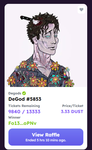 0xLok1's tweet photo. Thread on FFF raffle abusing and how you are losing your money for almost a 0% chance of winning 

Will use DeGod #5853 Raffle as a example of raffle scammers  - Thread 🧵 (0/??) https://t.co/bVEh0OKHGQ