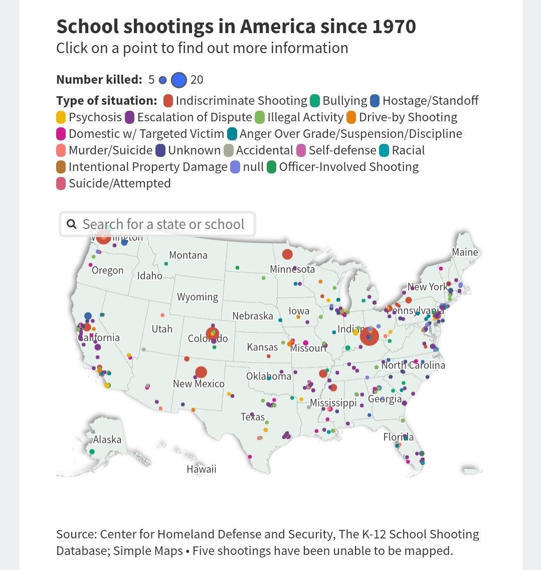 cluepotter's tweet photo. School shootings in America since 1970. 

Let that sink in.

When will the biggots learn! Your gun culture is not worth more than the young lives lost, please use your half a brain cell, I promise it still does work!

Sources noted at the bottom https://t.co/Snzq0w8XYC