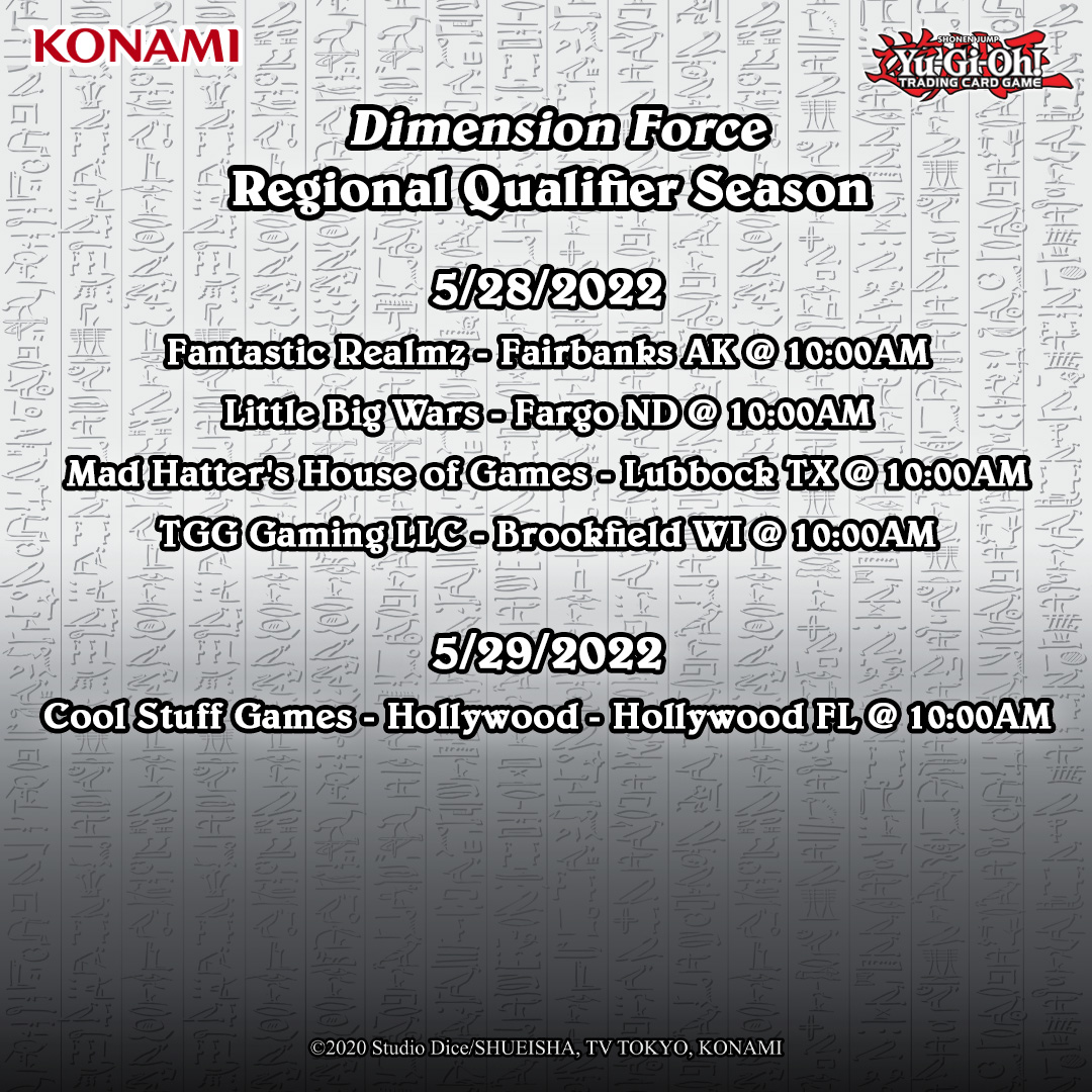 YuGiOh_TCG's tweet photo. Attend a Dimension Force Regional Qualifier this weekend!
Join a competitive tournament where Duelists compete for exclusive prizes and earn invites to the Championship event for their region!
#YuGiOhTCG #DimensionForce #DIFO https://t.co/j0cXuV9rEO