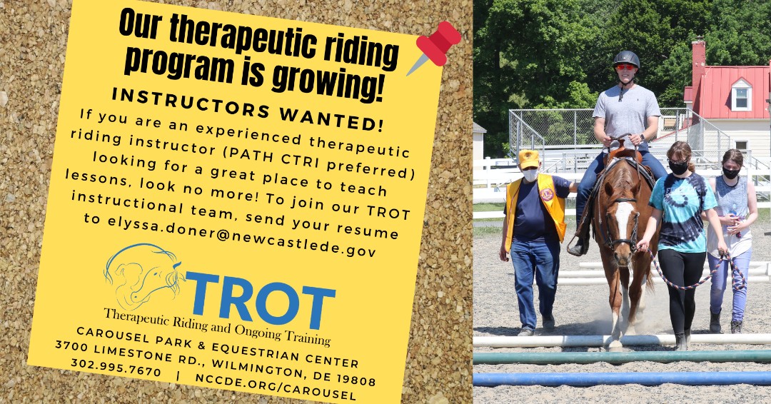 NCCDE's tweet photo. Instructors wanted for our therapeutic riding (TROT) program at Carousel Park. Send resume to elyssa.doner@newcastlede.gov. #netde #nccde #carouselpark #equestrians #delawareequestrians #therapeuticriding https://t.co/0mLrmVEN1t