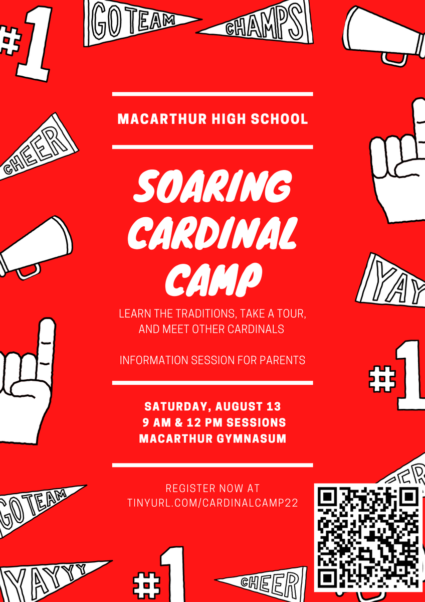 MacArthur StuCo (@macarthurstuco) on Twitter photo Coming to Mac for the first time next year? Register now for Soaring Cardinal Camp on Saturday, August 13!
tinyurl.com/cardinalcamp22 <a href="/MacArthurCards/">MacArthur HS</a> <a href="/IrvingISD/">Irving ISD</a> <a href="/SamhoustonMS/">Sam Houston Middle School</a> <a href="/TravisMSBobcats/">Travis Bobcats</a> <a href="/Crockett_MS/">Crockett MS</a> <a href="/netzeroJMS/">Lady Bird Johnson MS</a> Coming to Mac for the first time next year? Register now for Soaring Cardinal Camp on Saturday, August 13!
tinyurl.com/cardinalcamp22 <a href="/MacArthurCards/">MacArthur HS</a> <a href="/IrvingISD/">Irving ISD</a> <a href="/SamhoustonMS/">Sam Houston Middle School</a> <a href="/TravisMSBobcats/">Travis Bobcats</a> <a href="/Crockett_MS/">Crockett MS</a> <a href="/netzeroJMS/">Lady Bird Johnson MS</a>