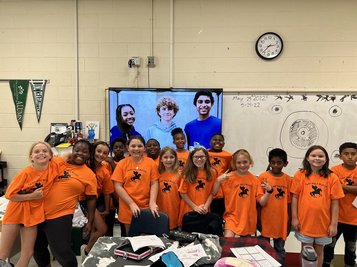 Mr_Helms6's tweet photo. These kids are ready to ace their EOGs tomorrow thanks to some Camp Half-Blood training. We loved our Percy Jackson themed day! Thank you @rickriordan and @camphalfblood for inspiring my students and teaching them we can all be heroes! We have loved reading your books this year! https://t.co/aO3mCwzVyr