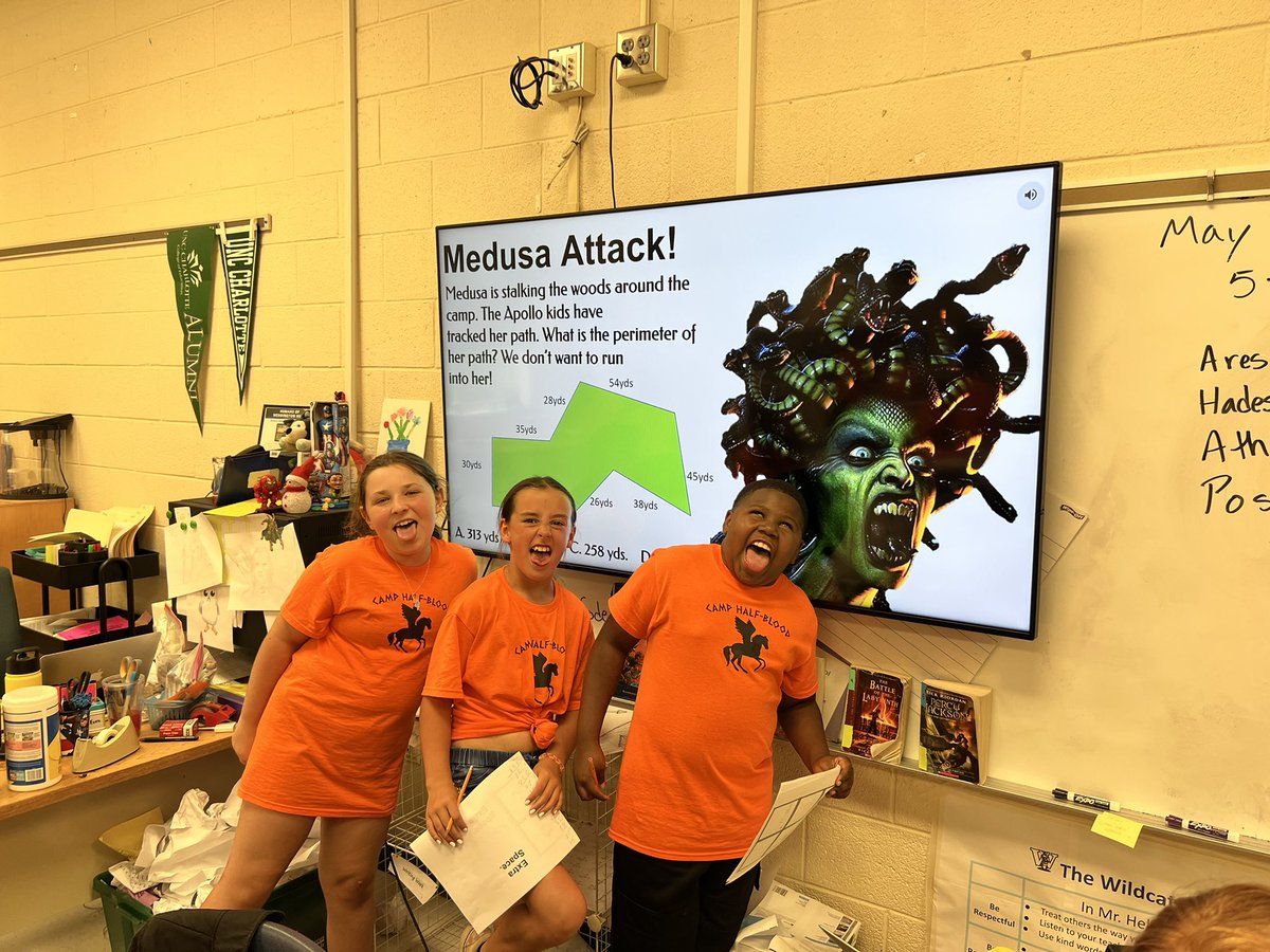 Mr_Helms6's tweet photo. These kids are ready to ace their EOGs tomorrow thanks to some Camp Half-Blood training. We loved our Percy Jackson themed day! Thank you @rickriordan and @camphalfblood for inspiring my students and teaching them we can all be heroes! We have loved reading your books this year! https://t.co/aO3mCwzVyr