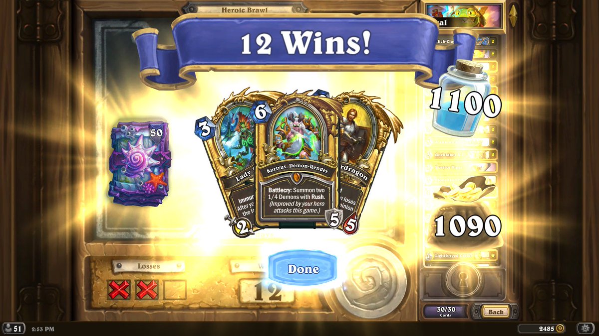 Victory Screen after completing a 12-win Heroic Brawliseum, showing 50 Sunken City packs, 1100 dust, 1090 gold, and in the center a golden each of Lady S'theno, Highlord Fordragon, and Kurtrus, Demon Render