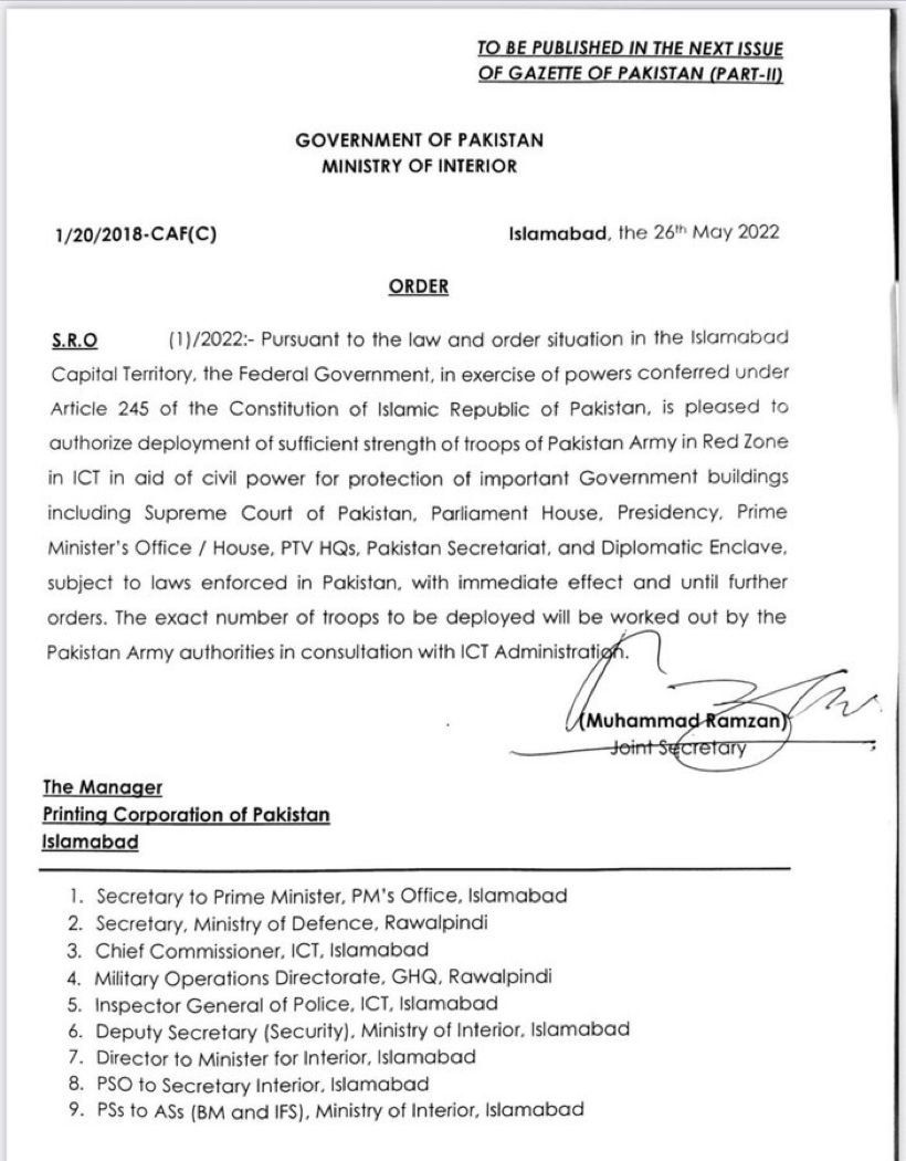 ANI's tweet photo. Govt of Pakistan orders deployment of troops of Pakistan Army in the wake of law and order situation in Islamabad https://t.co/QUJgwX3heV