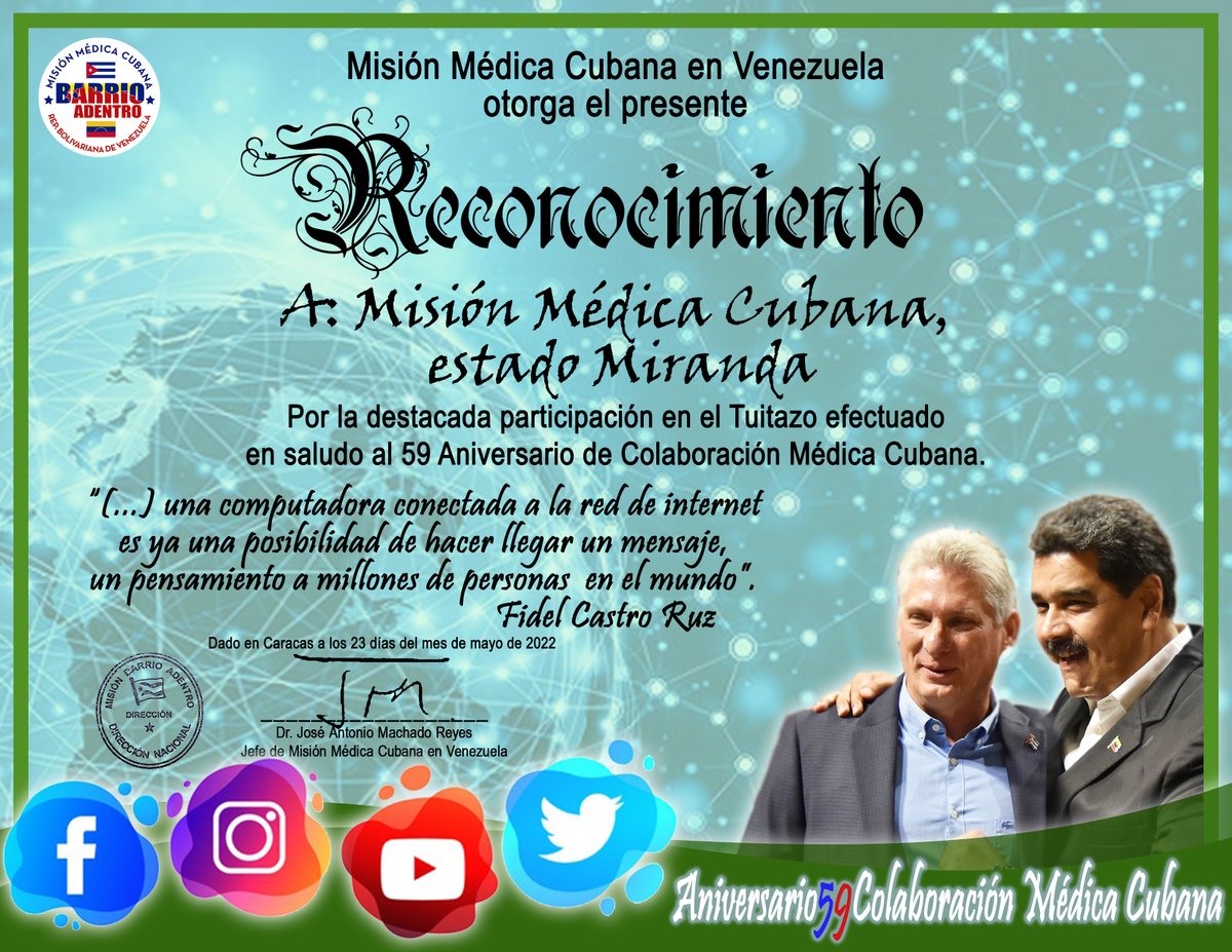 El Dr. José Antonio Machado Reyes, jefe de la Misión Médica Cubana en #Venezuela, otorga RECONOCIMIENTO a Misión Médica Cubana estado #Miranda; por su destacada participación en el tuitazo por el 59 Aniversario de la Colaboración Médica Cubana.

#CubaPorLaVida #CubaCoopera