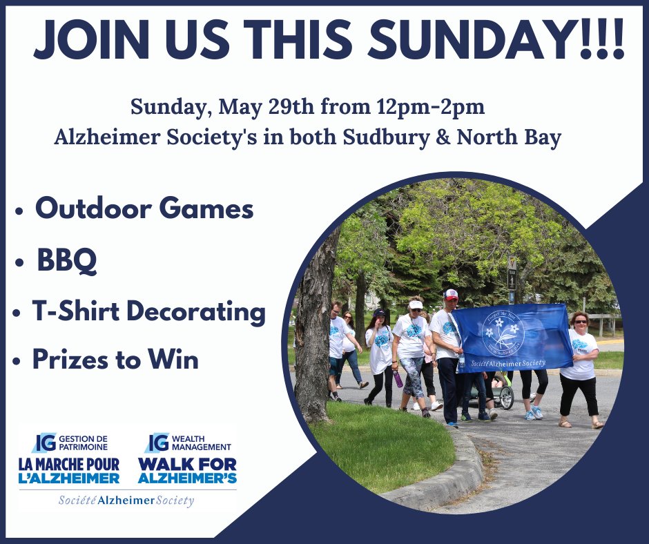 alzheimersmnbd's tweet photo. Join us this Sunday, May 29th from 12pm-2pm for our annual IG Wealth Management Walk for Alzheimer's.

Fun for the entire family, there will be a BBQ, Outdoor Games, Prizes and of course our Walk! We are excited to see you all back in person!😁 #IGWalkforAlz https://t.co/N35oomFHd2