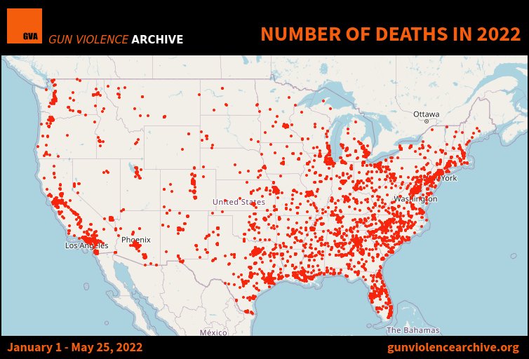 Sometimes numbers alone aren't able to get across the severity or impact of a problem, so here is a map from Gun Violence Archive that shows gun-related deaths so far in 2022. 
#GunControlTalk