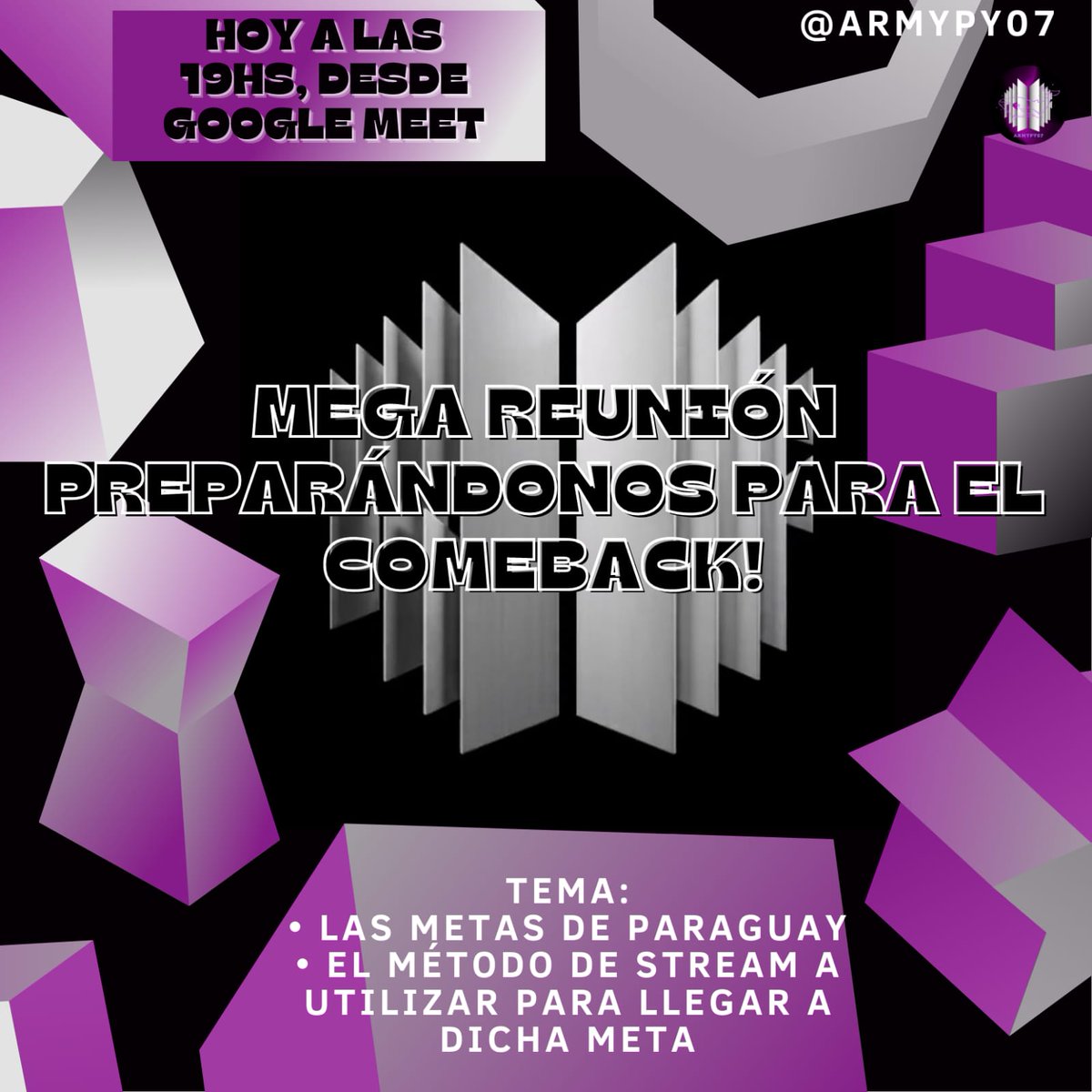 ArmyPy07's tweet photo. [ 💌 REUNIÓN || PREPARÁNDONOS PARA EL COMEBACK 🔥]

Army's de Paraguay: les invitamos en  ésta reunión vía 'Google Meet' donde estaremos hablando sobre las metas del país y cómo llegar a ella!!

🗓️: 25/05 (hoy)
🕐: 19hs

(Enlace de reunión por DM) https://t.co/AZM3awHgzA