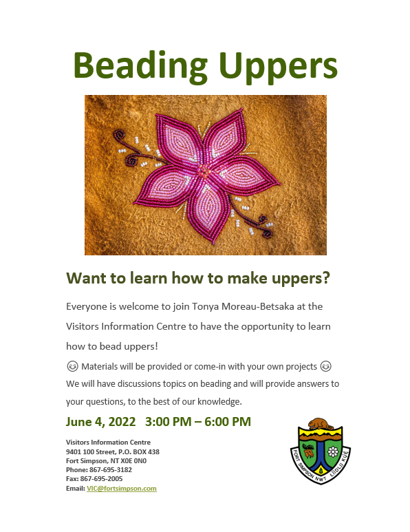 June 4, 2022 from 3pm to 6pm, the Visitor Information Centre will be holding a Beading session with Tonya!
😊 Materials is provided or you can bring your own project, if you wish. 😊