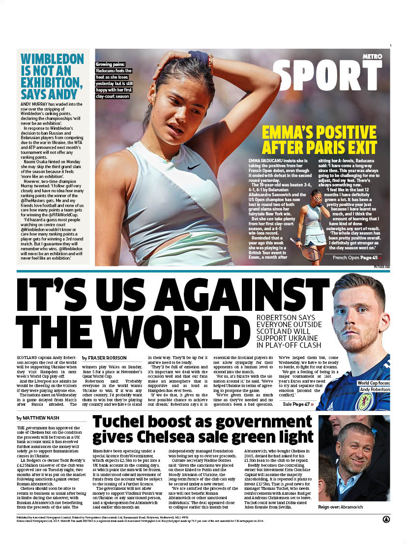 MetroScotSport's tweet photo. Thursday's back page: IT'S US AGAINST THE WORLD

#TomorrowsPapersToday
#scotpapers #FrenchOpen
#Scotland https://t.co/mj0qKh2M17