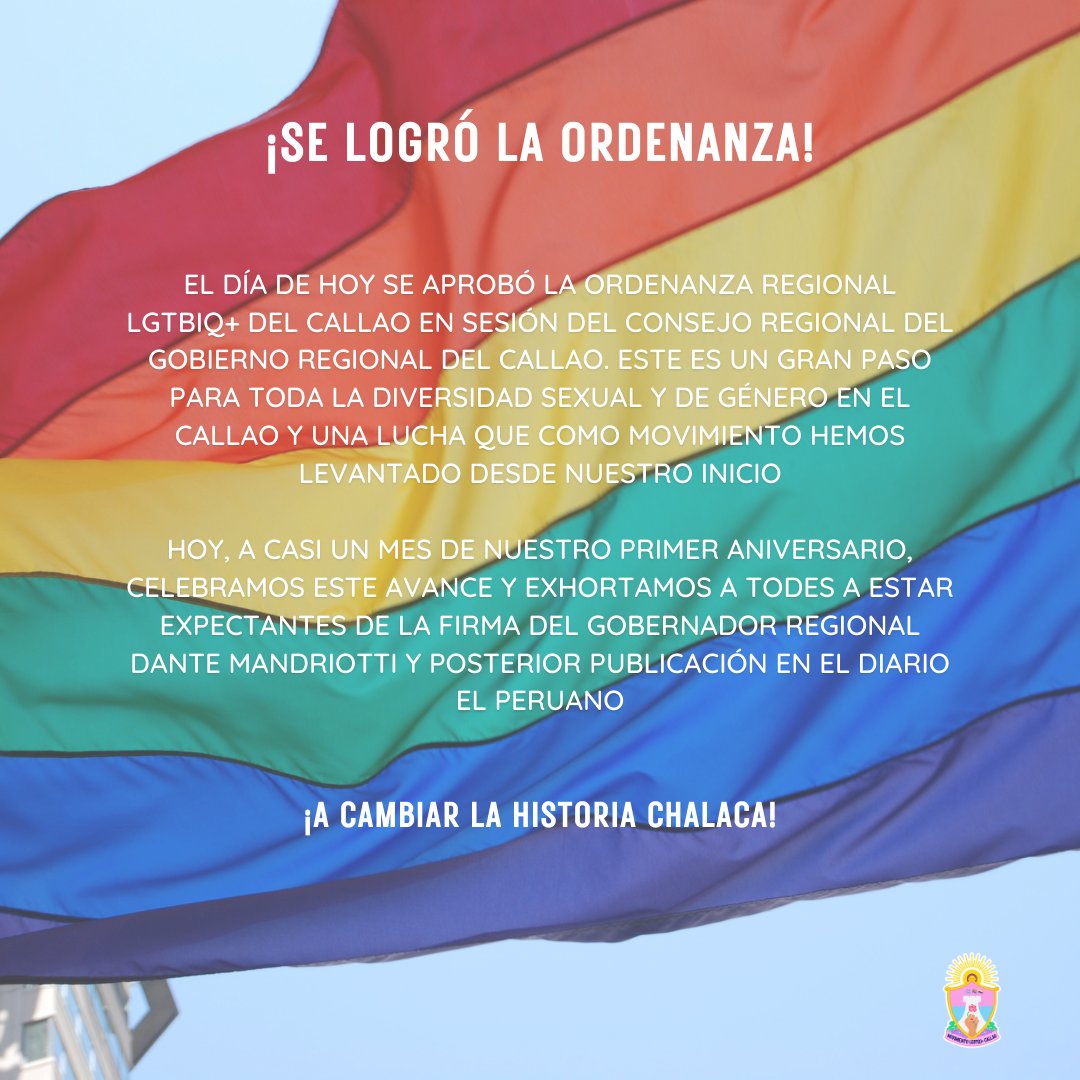 MovLGTBIQCallao's tweet photo. #OrdenanzaRegional 🌈📣 |  Después de más de 5 años de lucha, nuestra Ordenanza Regional fue aprobada. Y, seguiremos vigilantes hasta su implementación 💪🏳️‍⚧️🌈.
#OrdenanzaRegional #CallaoLgbtiq #diversidadeschalacas https://t.co/LPUtGDBJRV