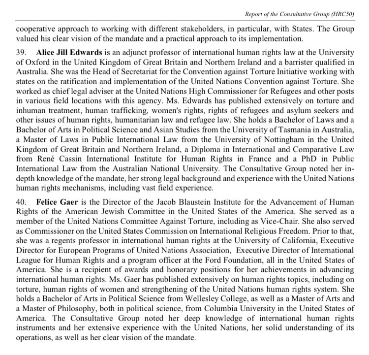 Three candidates have now been shortlisted for the next #SRTorture, to be appointed by the @UN_HRC on 8 July - all of them esteemed colleagues and strong #HumanRights advocates with invaluable expertise & experience. ohchr.org/sites/default/…