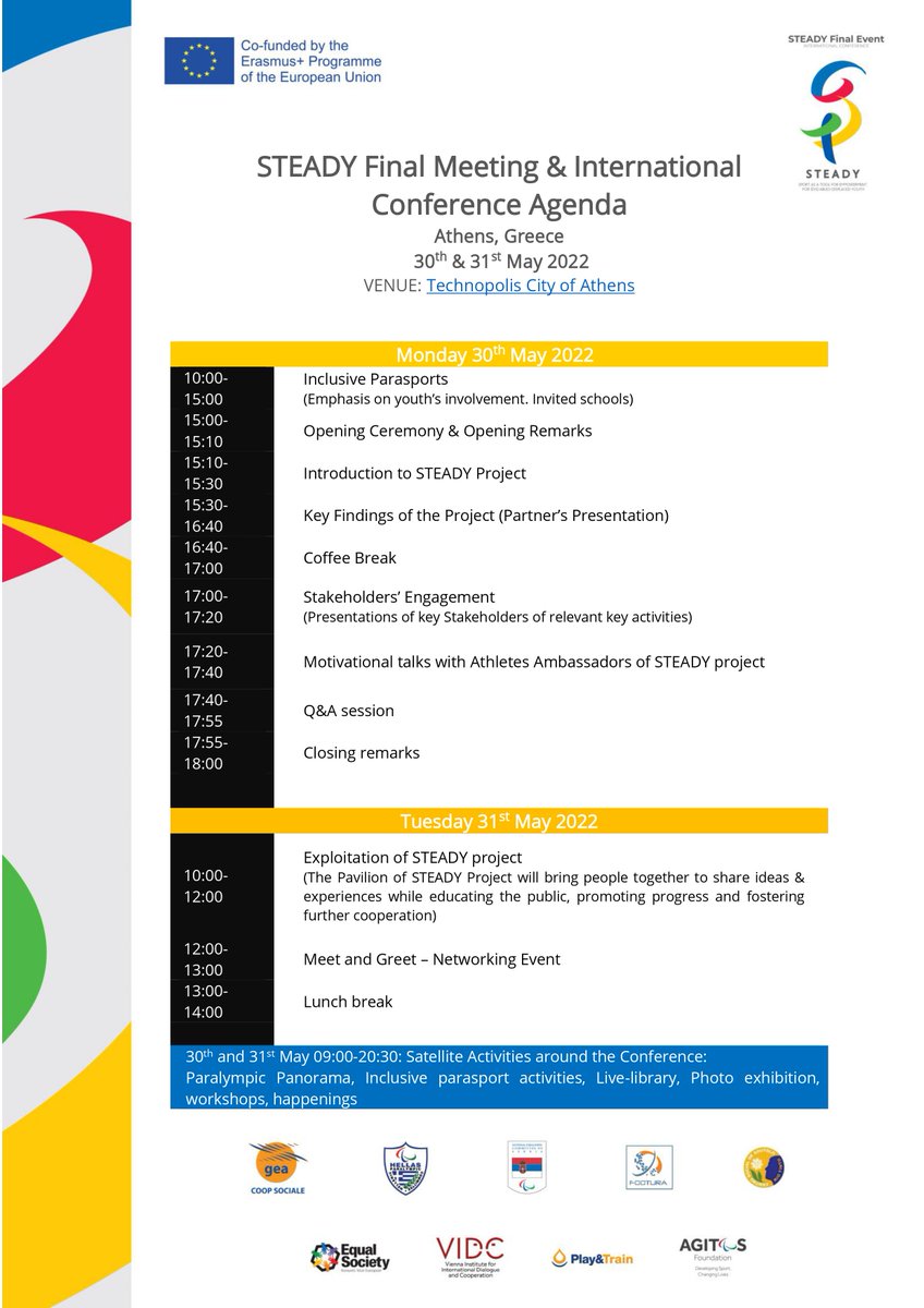 steady_project's tweet photo. STEADY Final Multiplier Event - International Conference Agenda now available.
#STEADYproject #Parasports #Refugees #Displaced_Youths_with_Disabilities https://t.co/5Qx30ii3Fg