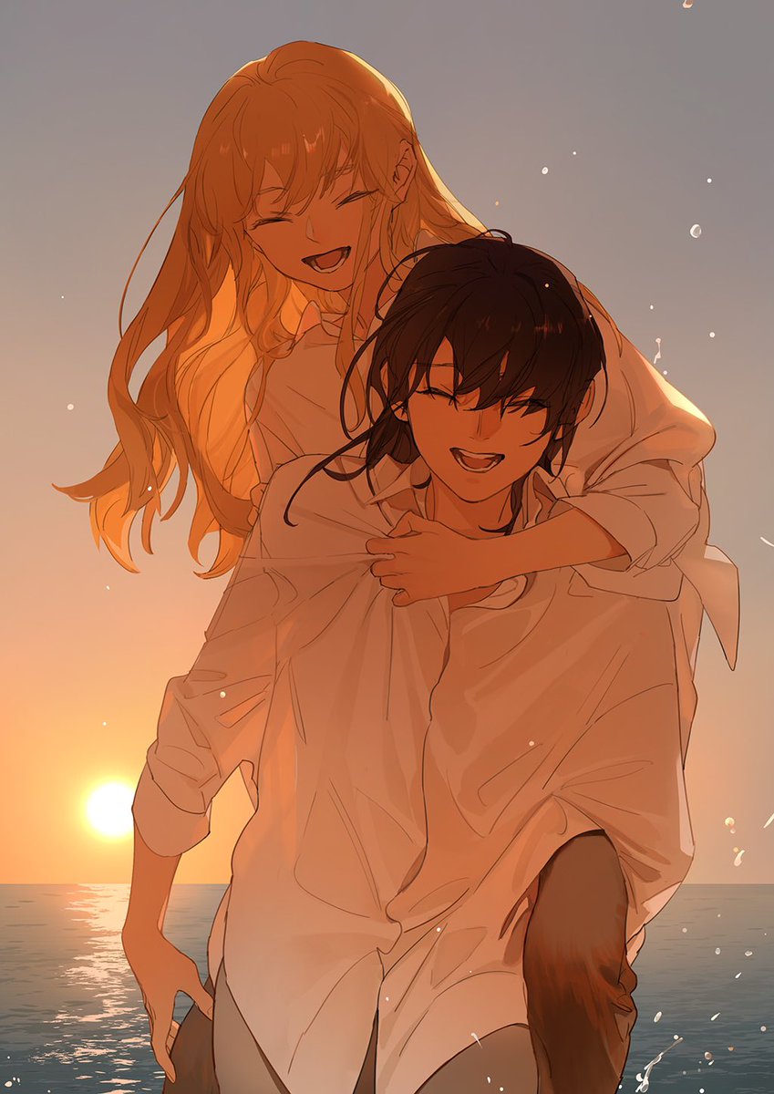 closed eyes shirt smile white shirt sunset piggyback open mouth  illustration images