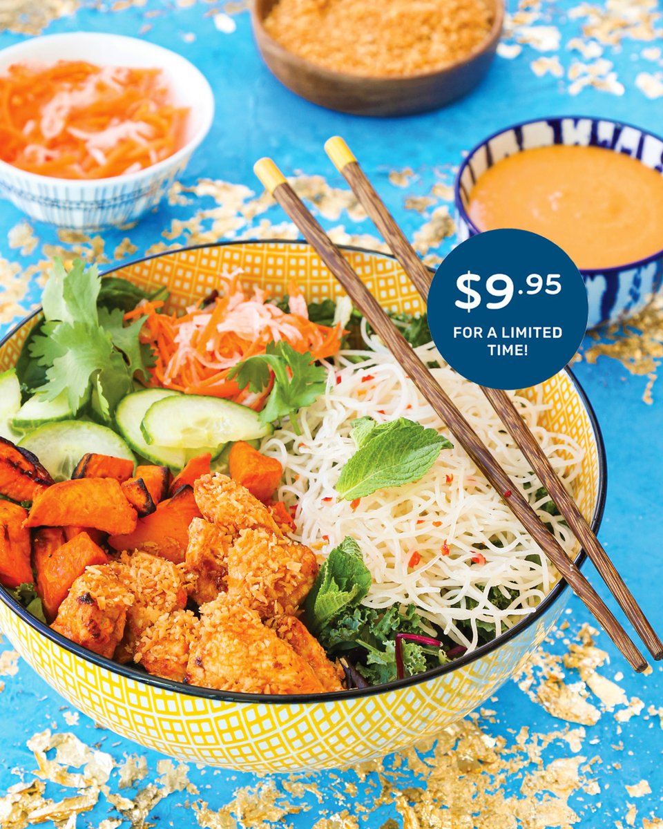 The Thai Curry Salad is HERE and features nuoc mam marinated rice noodles, roasted sweet potato, pickled carrot &amp; daikon, a dusting of toasted coconut and rich chili peanut dressing with a gentle kick. The best part? Get it for $9.95 in-store or through our app for a limited time