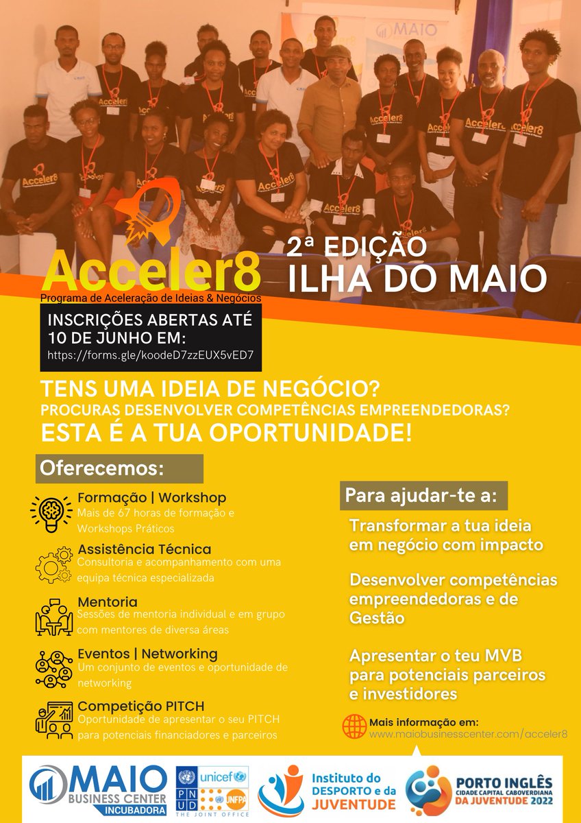 samircruzsilva's tweet photo. Tens uma ideia de negócio para implementar na ilha do Maio? Faça a tua inscrição, até 10 de Junho, na 𝟐ª 𝐄𝐝𝐢çã𝐨 𝐝𝐨 𝐀𝐜𝐜𝐞𝐥𝐞𝐫𝟖🚀 – 𝐏𝐫𝐨𝐠𝐫𝐚𝐦𝐚 𝐝𝐞 𝐀𝐜𝐞𝐥𝐞𝐫𝐚çã𝐨 𝐝𝐞 𝐈𝐝𝐞𝐢𝐚𝐬 &amp; 𝐍𝐞𝐠ó𝐜𝐢𝐨𝐬 em: https://t.co/2jOk9IiSXa + Info: https://t.co/WKQLumON8G https://t.co/qZkUBPNvNT