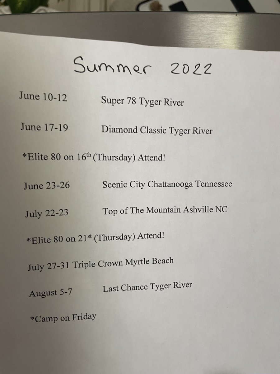 Carolina Elite 16u Mark Smith summer schedule