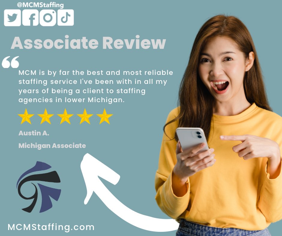 You’re happy, we’re happy. ⭐️ 

#fivestars #happyassociate #michiganworker #review #staffingagency #staffing #horing #workforthebest #findwork #applynow #clientrelations #needajob #applynow #worklofe #shiningreview #mcmstaffing