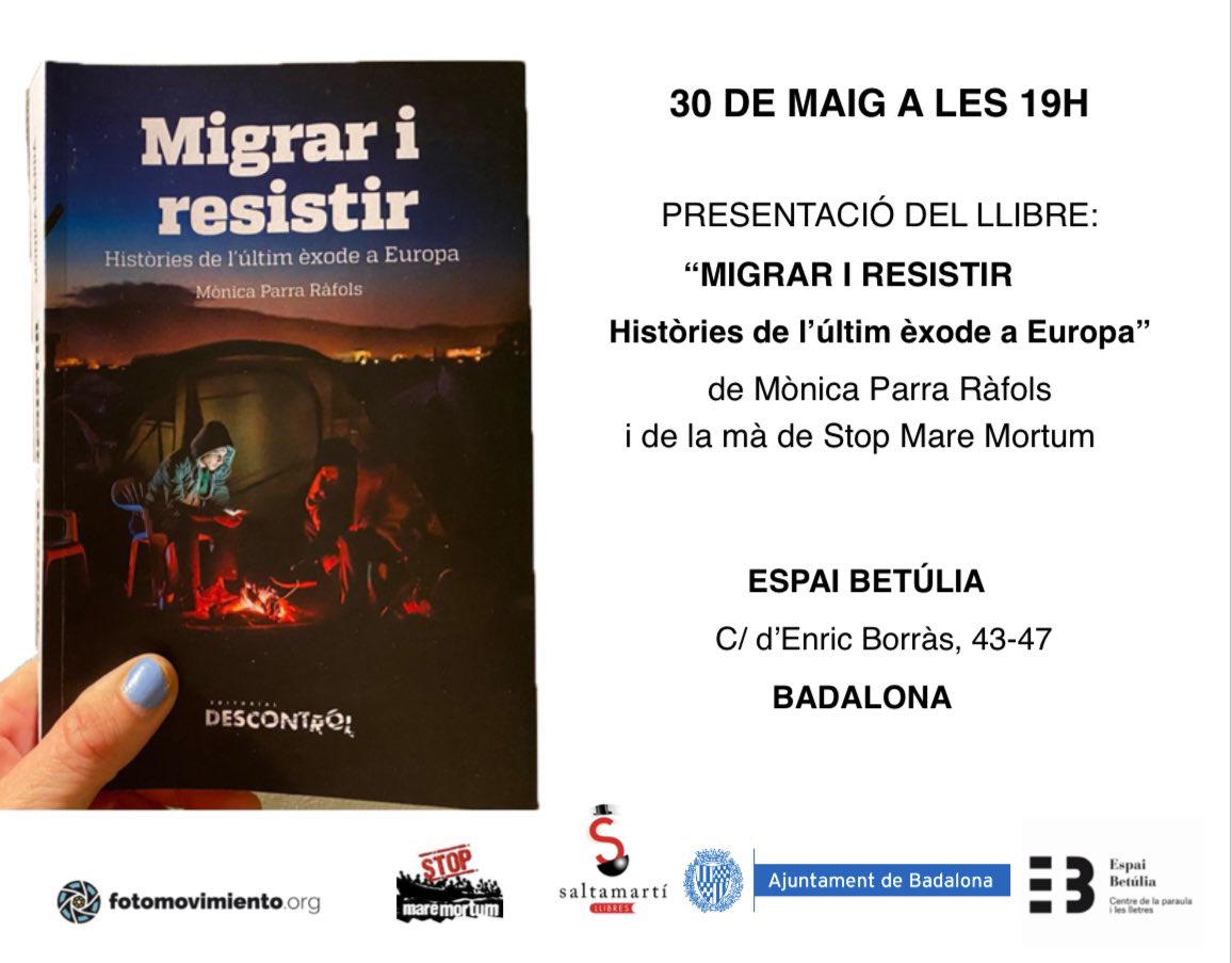 moniparra_'s tweet photo. Properes presentacions de Migrar i Resistir:
- 30 de maig a les 19h a l’Espai Betúlia de #Badalona amb @stopmaremortum 
- 8 de juny a les 19h a #Oñati amb @hotz_onati 
@DescontrolEd @Fotomovimiento @stopmaremortum https://t.co/P4YvsZos7U