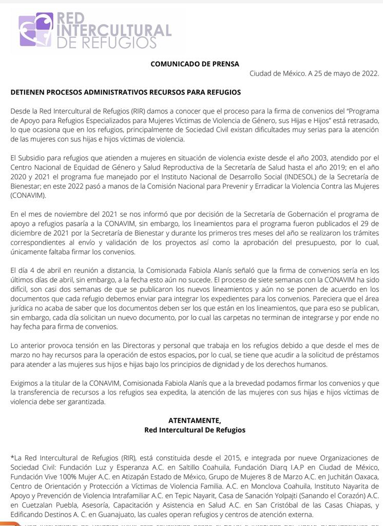 RRefugios's tweet photo. Desde la Red Intercultural de Refugios hacemos un llamado URGENTE a la @CONAVIM_MX para que los procesos administrativos no retrasen aún más el acceso de las mujeres a una vida libre de violencias. Los refugios y centros de atención continuamos salvando la vida de  mujeres NNA https://t.co/K1gx6wlblE