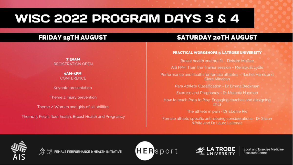 Take a glimpse at the #WISC22 Program for days 3 &amp; 4.

You still have time to get your abstracts in... Remember there is a $1000 prize for the best presentation in each stream and an overall grand prize! 🏆.

View the full 4-day program here 👉 womeninsportcongress.org.au/conference/pro…