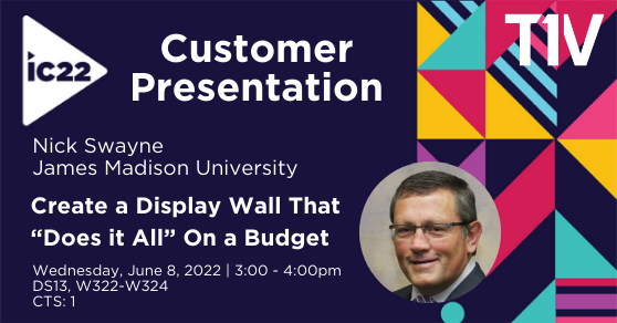 T1Vcollaborate's tweet photo. T1V #customer + #partner, Nick Swayne of @jmuxlabs at @JMU will be presenting on Wed, June 8 at 3pm at @InfoComm on how #JMU turned a classroom wall into an #interactivecanvas that can be used for #collaboration, #eSports and more. Register for #IC22 here: https://t.co/YCDbZK2T1O https://t.co/Beswx9wHjz