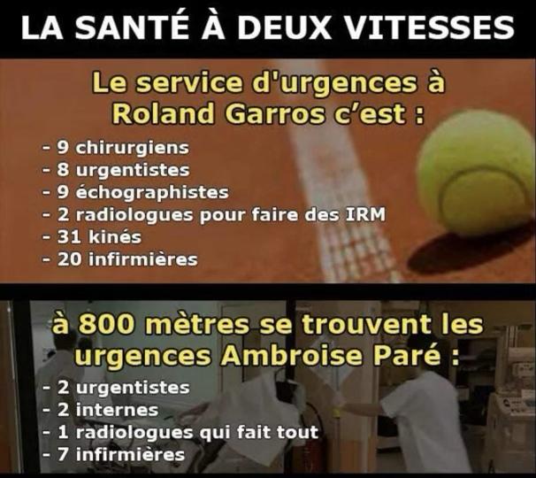 Triste illustration de ce qu'est en train de devenir l'accès aux soins. Abondance pour ceux qui ont les moyens, et ce qu'il reste, quand il en reste, pour les autres. Qu'on aime ou pas le tennis, ça laisse pantois.
#hopital 
#santé